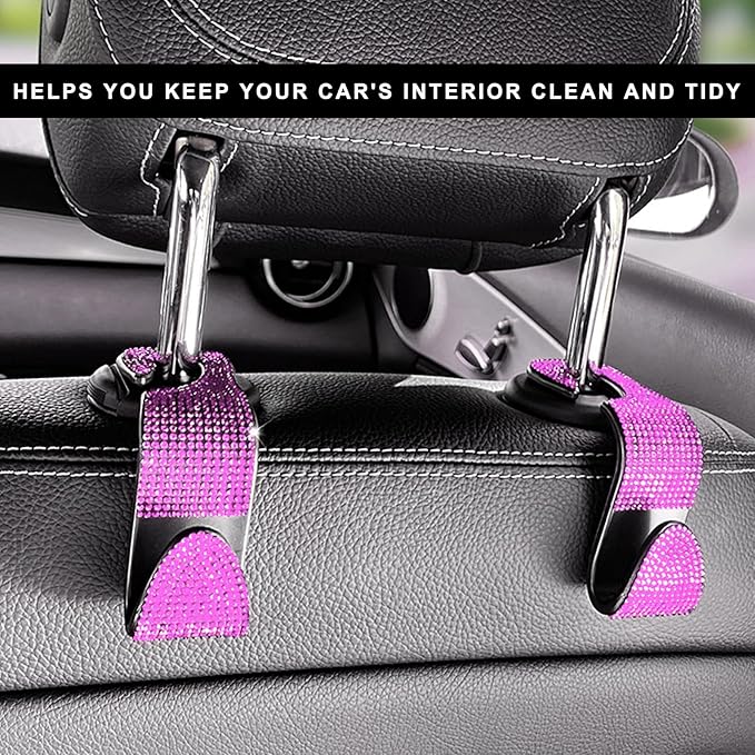 4 PCS Car Seat Headrest Hooks, Bling Crystal Rhinestone Back Seat Hanger Storage Organizer, Sparkly Seatback Holder Hooks for Purse and Bags Universal For Most Vehicles (Pink)