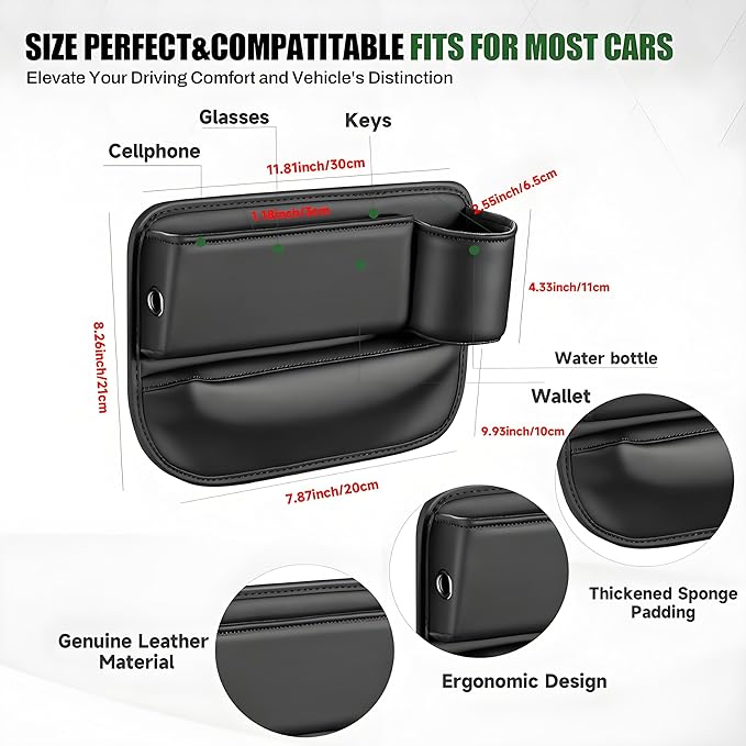 AIUSLN 2026 Upgraded 2 PC (L+R) Premium Leather Car Seat Gap Filler Organizer with Cup Holder & Storage Slot/Bag– Fits Front Seat, Holds Phone, Glasses, Cards,Keys,Car/SUV/Truck Christmas Gifts