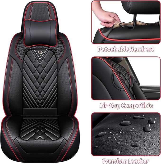 LPDK Fit for Kia Sportage Car Seat Covers Front Set 2pcs with Waterproof Leather,Lumbar Muscle Pain Healing Function,Airbag Compatible Automotive Breathable Seat Protectors(Black Red with Pillow)