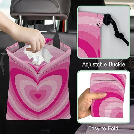 NHNXHWIA Pink Heart Car Garbage Bag,Romantic Heart Waterproof Small Car Trash Bag Hanging Back of Seat,Drawstring Hanging Car Trash Bag with Adjustable Buckle for Car Accessories