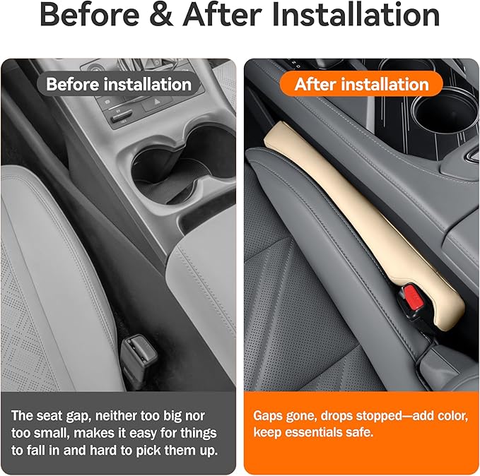 POKSRI 2PCS Leather Car Seat Gap Filler organizer,Gap plug box for car seat space,fill between gap strip,Fits gaps 3.5-6cm(1.4-2.4 in) wide(Beige)