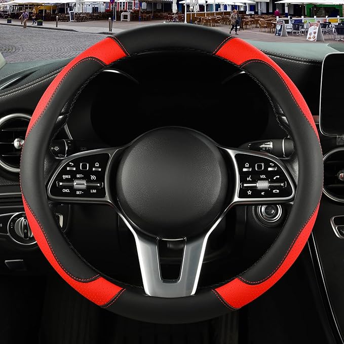Binsheo Microfiber Leather Steering Wheel Cover, Breathable, Anti Slip, 13.5 inch to 14 inch, Black with Red