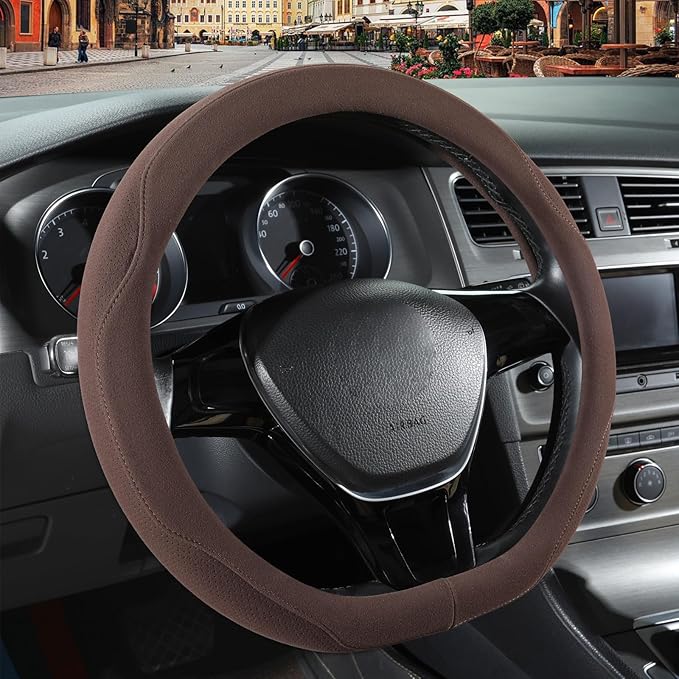 Brown Suede D Shaped Steering Wheel Cover, Breathable Non-Slip Sweat-Proof Wear-Resistant No Pilling, Warm in Winter and Cool in Summer, Universal 15 inch