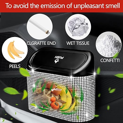 NBTEPEM Bling Car Trash Can with Lid - 2 Pack, Mini Auto Garbage Can with 60 Trash Bags, Automotive Garbage Container Bin, Bling Car Accessories Trash Can for Women (Silver Diamond)