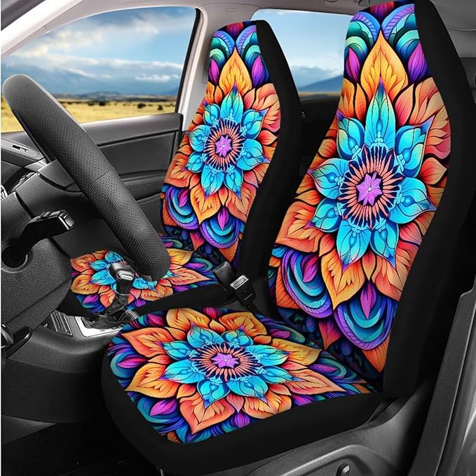 Dngkaoje Hippie Flower Car Seat Cover Set 13 Pack Colorful Hippie Lotus Auto Front Rear Seat Protector Full Set Universal Car Accessories with Seatbelt Shoulder Pads,Steering Wheel Covers,Garbage Bin