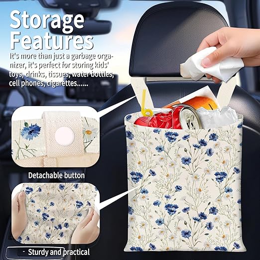 BEAKND Hanging Car Garbage Bag, Cute Car Trash Can Bag, Automotive Accessories for Women Men Cute Blue Daisy