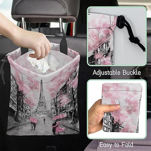 NHNXHWIA Eiffel Tower Car Trash Bag,Paris Oil Painting Hanging Drawstring Car Garbage Bag, Waterproof Canvas Car Back Seat Organizer with Adjustable Buckle, for Vehicles, SUVs, Camping, Road Trips
