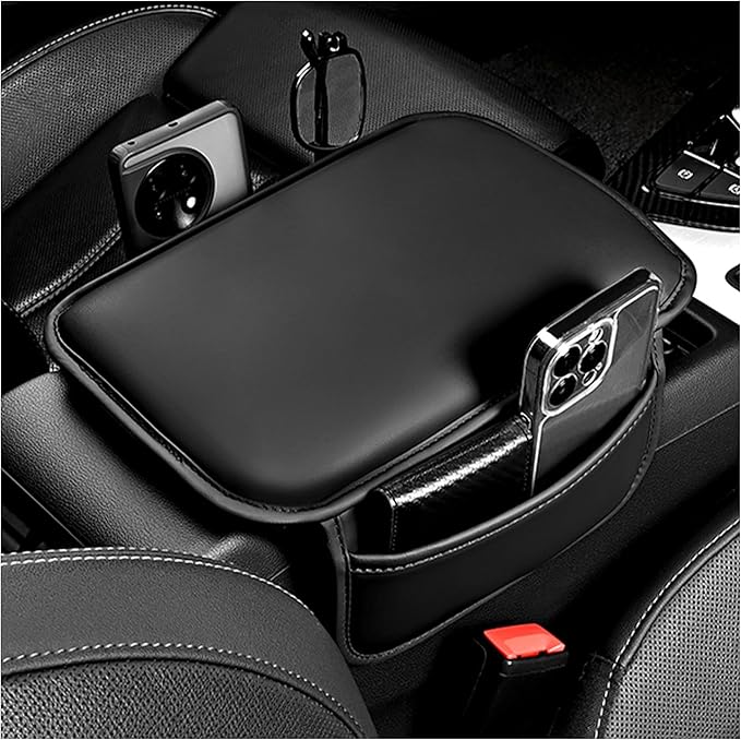 Stacool Center Console Cover with Storage Bag,Leather Comfort Armrest Cover for Car Decorations & Height Car Armrest Cushion,Universal Car Arm Rest Cover Pad for Most Vehicles (Black)