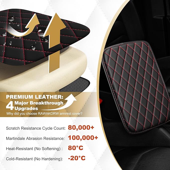 Center Console Cover for MDX: Armrest Cover for Car with 2 Storage Bags - Scratch & Wear Resistant & Waterproof Leather Console Cover,Anti-Scratch Auto Armrest Pad Accessory （Black&Red