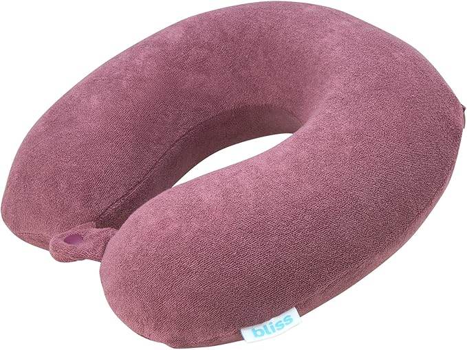 Bliss Neck Pillow - Lightweight U-Shaped Memory Foam Travel Neck Pillow with Snap Closure for Airplanes, Traveling, Offices, Cars, Mauve Terry
