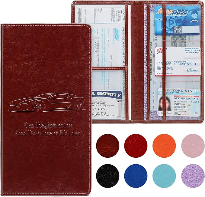 Peisicne Car Registration and Insurance Card Holder for Women Men, Dark Brown Glove Box Paperwork Organizer with Magnetic Buckle for Easy Access and Protect Documents and Various Cards in Vehicle