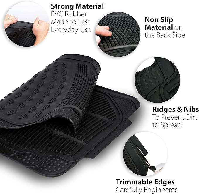 ZONETECH All Weather Rubber Car Interior Floor Mats 3-Piece Trimmable Waterproof Odorless Black Heavy Duty Universal Fit