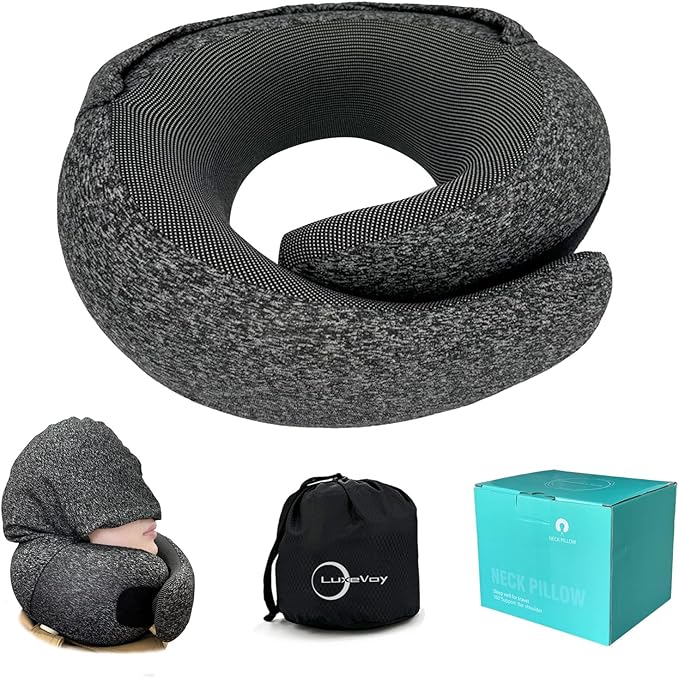LuxeVoy 2025 Travel Neck Pillow,Stowable Hood,Ergonomic Neck Pillow Airplane,Premium Memory Foam,360º Support,Adjustable Fit,Washable Cover,Complete Travel Set,for Flight,Car and Office (Matt Black)