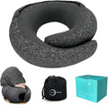 LuxeVoy 2025 Travel Neck Pillow,Stowable Hood,Ergonomic Neck Pillow Airplane,Premium Memory Foam,360º Support,Adjustable Fit,Washable Cover,Complete Travel Set,for Flight,Car and Office (Matt Black)