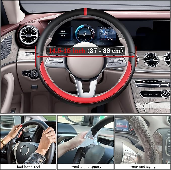 Black Red Car Steering Wheel Cover, Nappa Leather, Bottom Color Blocking, Universal 14.5-15 Inch Leather Anti-Slip Breathable Auto Steering Wheel Covers for Men Women