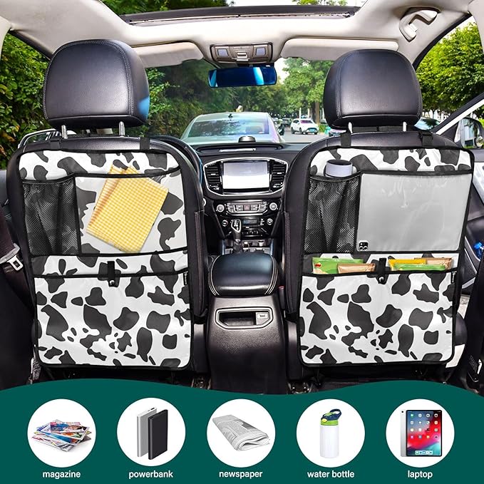 JIPONI Car Backseat Organizer, Cow Print 3 Automotive Back Seat Protector, Kick Mats with Storage Pockets for Kids Pets, Road Trip Accessories (2 Pack)