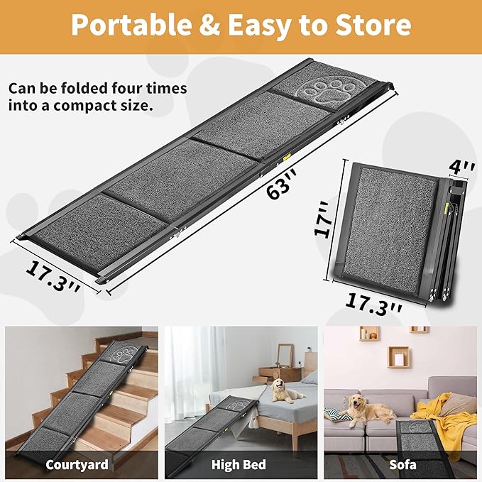 Zendova Dog Ramp for Car 63" Long & 17.3" Wide Portable Dog Ramps for Large Dogs with Non-Slip Rug Surface Dog Car Ramp for SUV Car & Truck, Outdoor Pet Ramp Folding Dog Ramp Up to 250LBS