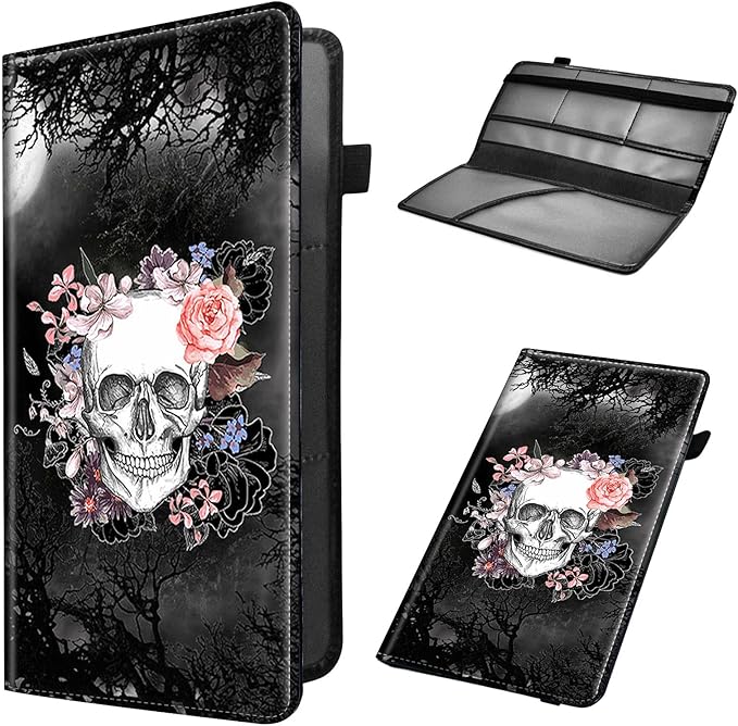 Mxfdegf Car Registration and Insurance Holder, Leather Car Glove Box Organizer, Cool Car Accessories for ID, Driver's License Cards & Essential Document, business cards, Men&Women,Skull Flower