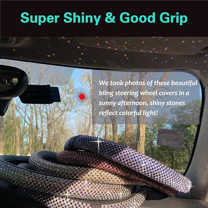 PINCTROT Large Size Bling Comfy Steering Wheel Cover with Jumbo Crystal Rhinestones, Anti-Slip Diamond Leather, 15.5-15.75 Inch (Purple)
