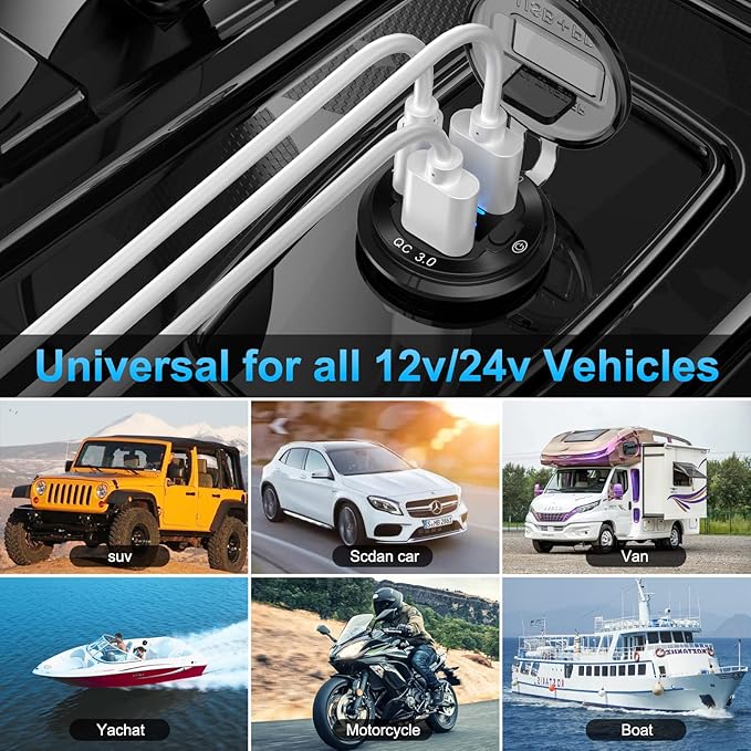12V USB Outlet Wire Aluminum Car Charger Multi Port, Dual USB Quick Charge 3.0 Port and PD USB C Socket with Voltmeter Switch for Car Boat Marine Truck RV, Fast Charge for iPhone iPad Android Phones