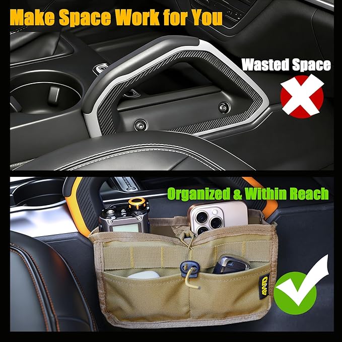 Seat Back Storage Bag for Ford Bronco 2021-2025, MOLLE Tactical Organizer for 2-Door & 4-Door (Not Sport), Armrest Storage Pouch, 600D Oxford, No Drill Easy Install, Off-Road Gear Holder Brown