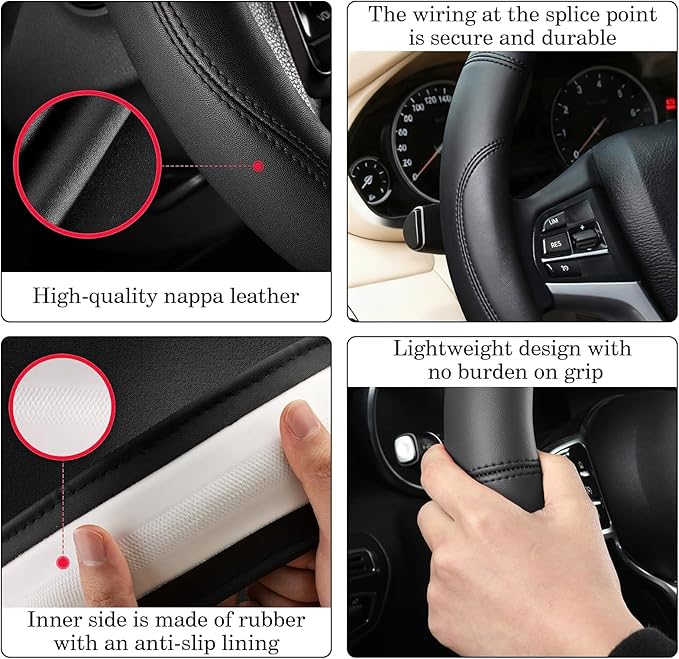 Black Car Steering Wheel Cover, Nappa Leather, Bottom Color Blocking, Fashionable Sporty Style, Universal 14.5-15 Inch Leather Anti-Slip Breathable Auto Steering Wheel Covers for Men Women