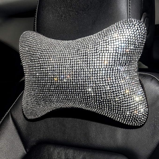 2 Pack Car Neck Pillow for Driving Seat Auto Headrest Cushion Head Rest Neck Support Relax Crystal Rhinestone Diamond Interior Bling Accessories for Women Girly Comfortable White