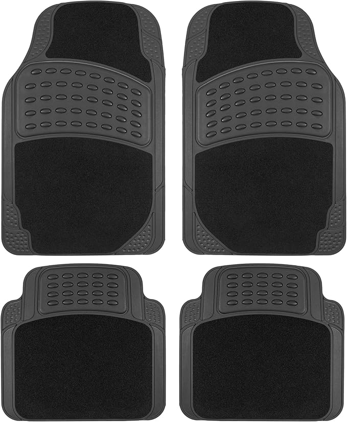BDK HybridMat Automotive Rubber & Carpet Floor Mats, Front & Rear Seat Mat Set of Interior Liners for Car Sedan SUV Van, Heavy Duty All Weather, Semi-Trim to Fit, Black