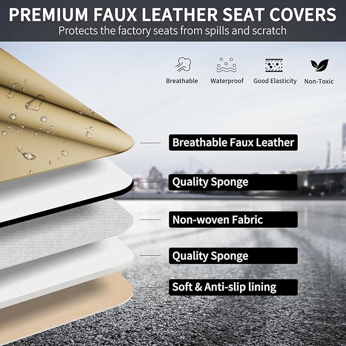 COVER EMPIRE Beige Leather Seat Covers, 5 Seats Universal Car Seat Covers Full Set, Waterproof Automotive Seat Covers Breathable Front and Rear Seat Covers for Most Sedans SUVs Trucks