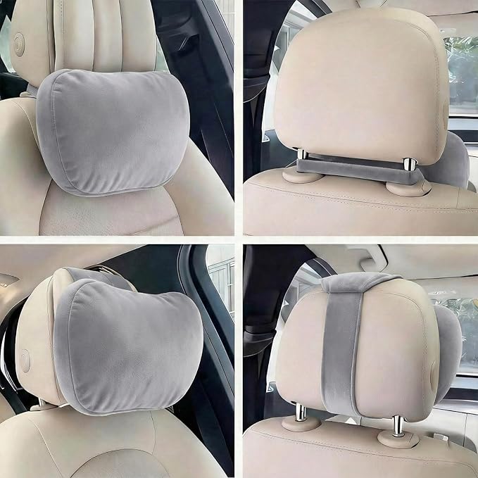 2PCS Car Pillow for Car Neck Pillow for Driving Seat Leather Neck Support Soft Cushion Back Support Head-Rests for Vehicle Sleeping with Elastic Adjustment Strap (Grey, Head and Lumbar)