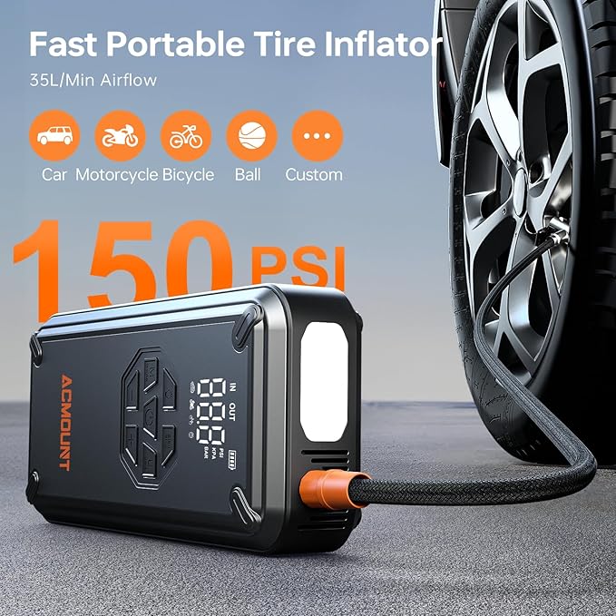 Acmount W160 Jump Starter with Air Compressor 5000A Car Battery Jump Starter 150PSI Tire Inflator/Air Pump, 12V Portable Jump Pack (Up to 9L Gas/8L Diesel Engine), Emergency Car Kit, Idea Gift for Man