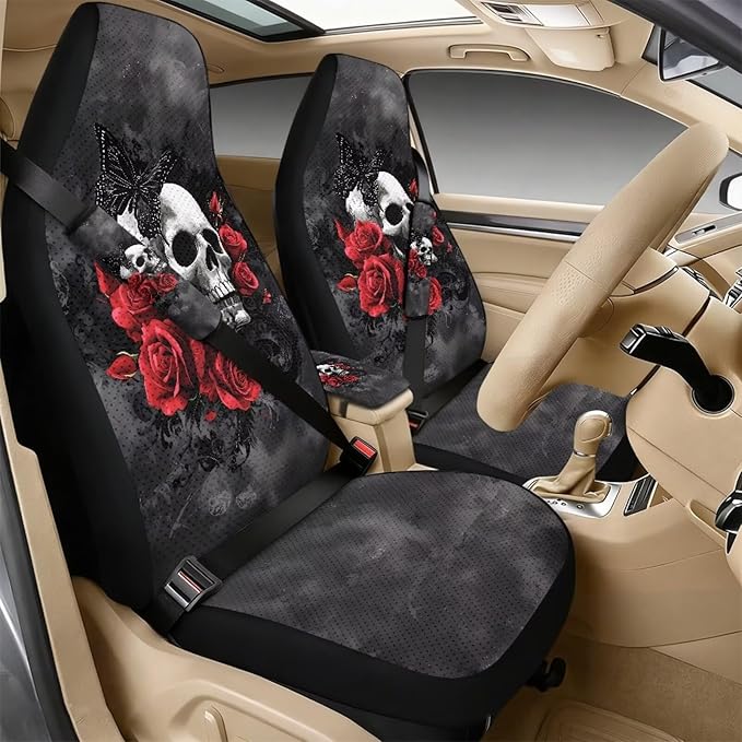 Oramclsy Skull PU Breathable Car Seat Accessories Set Rose Pattern Universal Set and Armrest Pad and Seat Belt Pads Full Set of 5 Pack