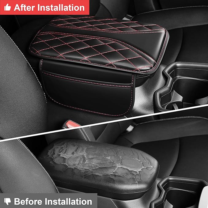 Car Center Console Cover Fit for Jeep Grand Cherokee - Leather Armrest Covers with 2 Storage Pockets(Black&Red)
