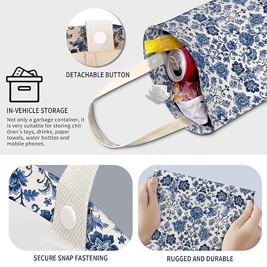 AXZOPDE Cute Car Trash Can, Hanging Canvas Car Back Seat Organizer and Storage Bag, Funny Car Trash Bag For Travelling, Outdoor Cute Blue Flower