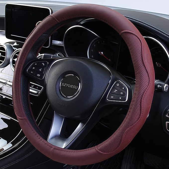 Leather Car Steering Wheel Cover with Anti-Slip Lining Universal 14.5-15 Inch (37-38 cm) Auto Microfiber Protector, Car Accessories for Most Cars, SUVs | Wine Red