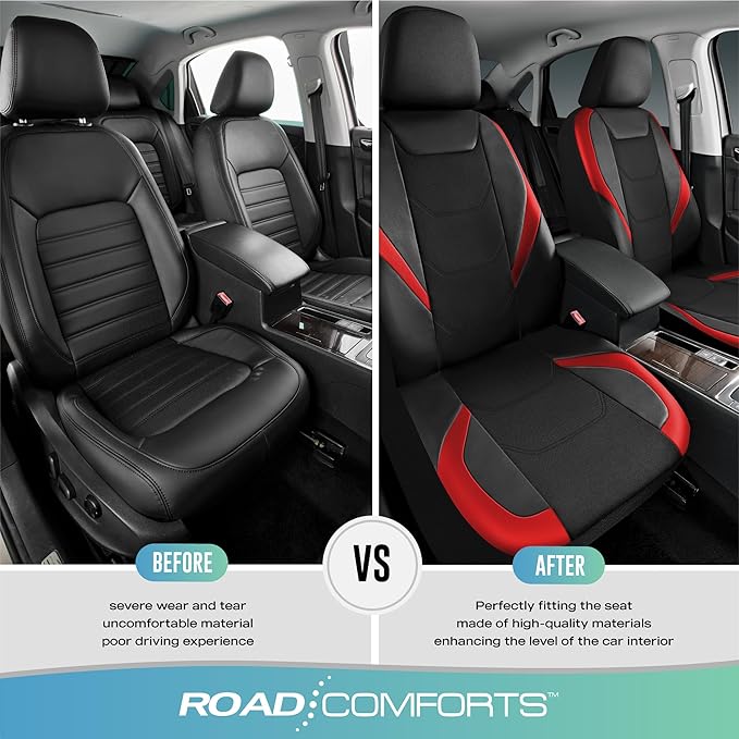 Road Comforts Car Seat Cover, Leather Mesh Front Seat Cover, Universal Fit for Most Cars, SUVs, Trucks, and Vans, Airbag Compatible - Red 2Pcs Pack