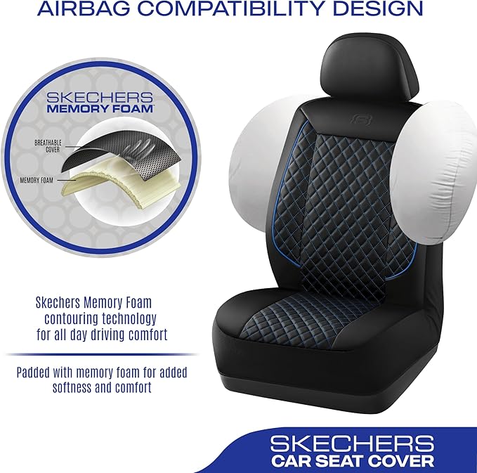 Skechers Car Seat Covers,Piping Luxury Faux Seat Covers,Waterproof Anti Slip Car Seat Protector Front Seats,Car Accessories Airbag Universal Fit for Most Cars,Vans,Trucks,SUV,Blue