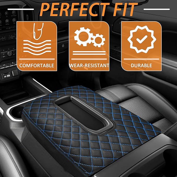 Center Console Cover for Chevy Silverado/GMC Sierra Accessories 2019-2026, Tahoe & Suburban & Yukon 2021-2026 Armrest Cover Middle Console Leather Protector Pad (Bucket Seat Consoles)(Blue Stitches)