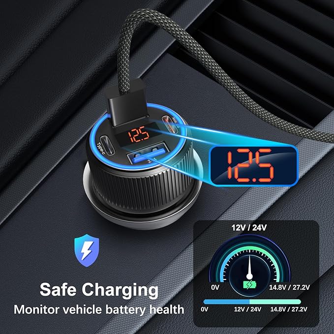 65W USB C Car Charger for iPhone 17/Air/16e/16 Pro Max Plus, 4-Port Dual 12V USB-C&USB-A QC/PD 3.0 Fast Charging Car Charger Cigarette Lighter Adapter Voltmeter for iPhone,iPad,Galaxy+2X USB C Cable