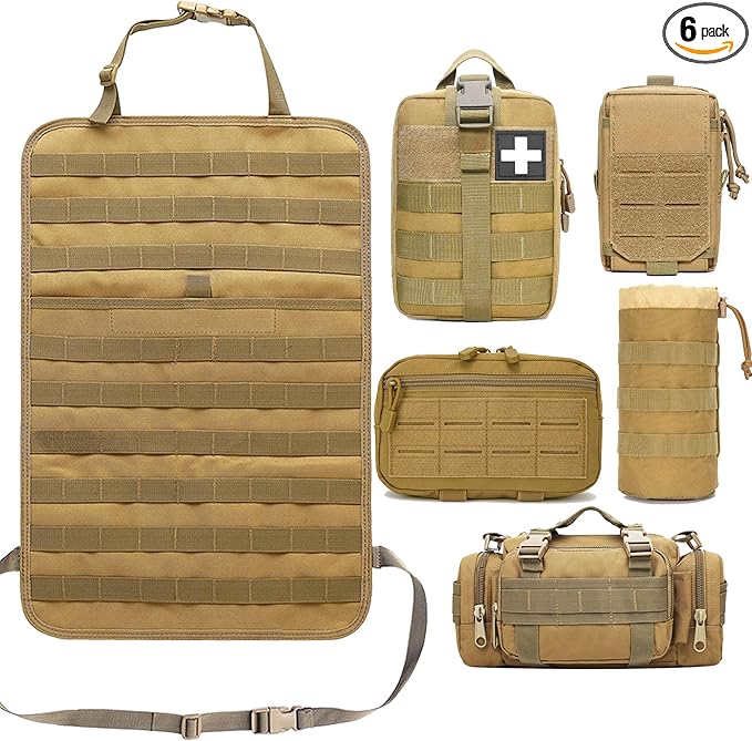 Tactical Car Seat Back Organizer Molle Backseat,Universal Molle Vehicle Organizers Panel Protector with 5 Detachable Pouches for Car Truck Jeep Vehicle (Khaki)