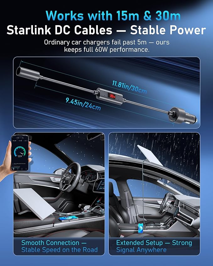 Starlink Mini Car Adapter 12V to 20V Step-Up Converter, 60W Car Cigarette Lighter Charger with LED Display, Supports Official 15m & 30m DC Cable, Stable Power for RV Camping, Trucking, Marine Use
