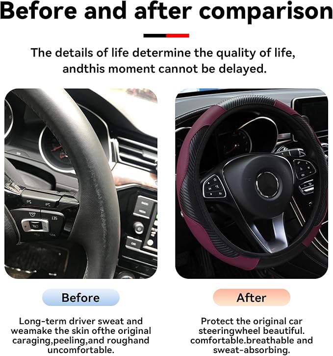 Car Steering Wheel Cover, 15 inch Carbon Fiber Microfiber PU Leather Elastic Steering Wheel Protector for Men Women, Anti-Slip Breathable Car Interior Accessories for Most Cars (Wine Red)