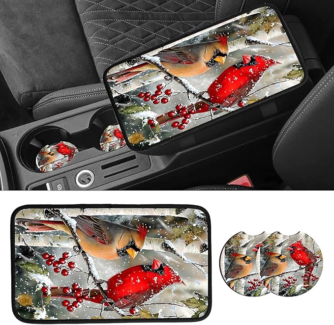 JANENFNA Car Armrest Cover Pads Universal Fashion Cute Auto Center Console Armrest Cover Pad with 2PCS Car Coasters Soft Waterproof Car Armrest Seat Protector for Women,Snowy Cardinals