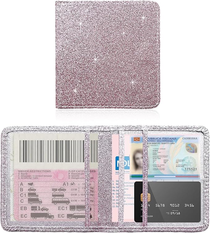 Ziciner Car Registration and Insurance Holder, Auto Card Document Glove Box Organizer with Magnetic Closure, Universal Vehicle Interior Accessories for Cars SUVs (Glitter Pink-Small)