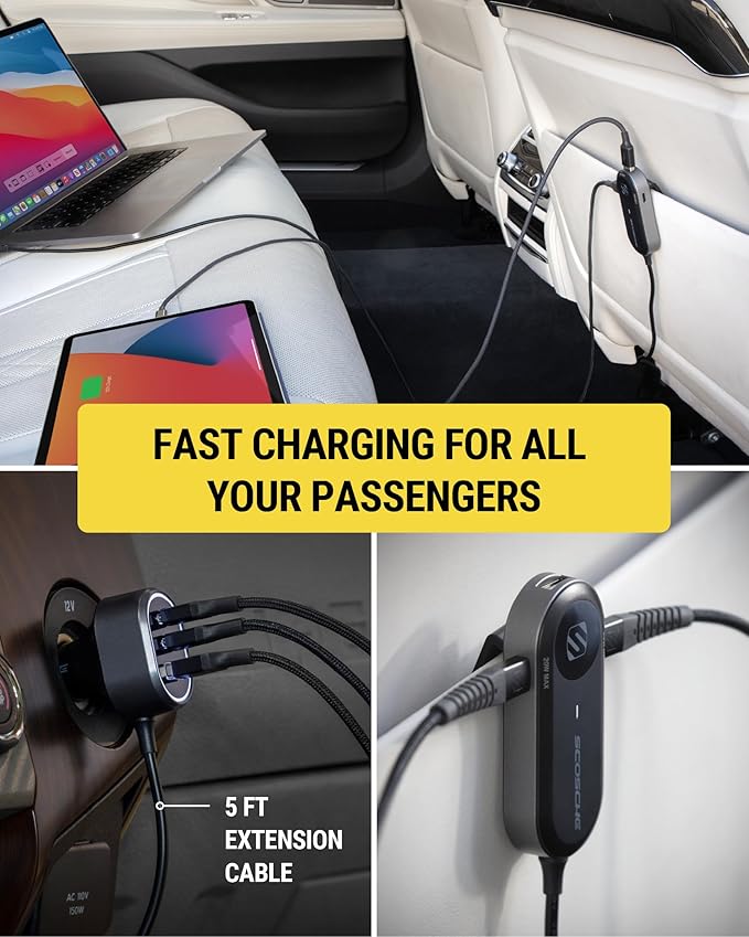 Scosche CPD100EX-VA1 Six Port 100W USB Car Charger Fast Charging Adapter PD 30W & 20W USB-C Ports & 18W USB-A Port, Travel Charger for Multiple Devices with 5FT extension Cable for iPhone 15, iPad Pro