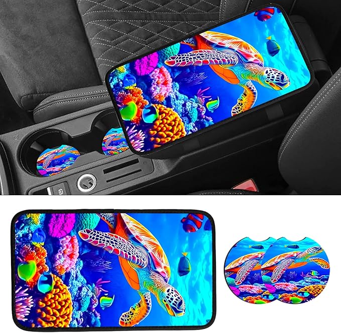JANENFNA Car Armrest Cover Pads Universal Fashion Cute Auto Center Console Armrest Cover Pad with 2PCS Car Coasters Soft Waterproof Car Armrest Seat Protector for Women,Colorful Turtles in Sea