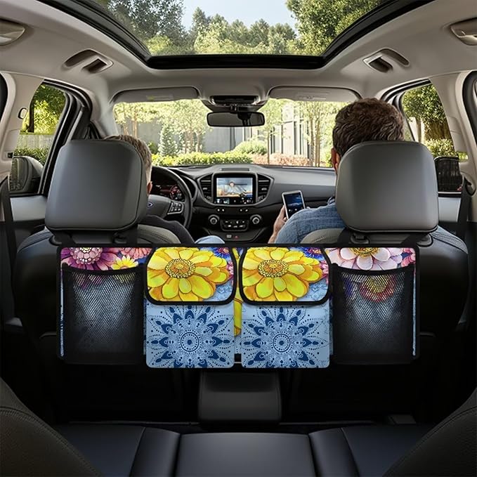 Large Capacity Car Trunk Organizer Blue Mandala Floral Flowers Hanging Cargo Storage Bag with Lid Trunk Storage Bag,Easy to Install