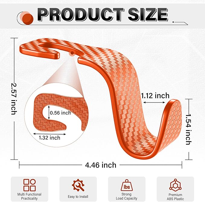 SINGARO Universal 4 Pack Car Seat Headrest Purse Hook, Carbon Fiber Back Seat Hook Storage Organizer Hanger for Purse Handbag Coat, Car Interior Accessories(Orange)