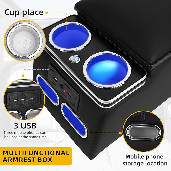 TENGBASE Universal Truck Seat Organizer with Padded Armrest Lid | Features 3 USB Ports, 2 Drawers & Cup Holders | Extra Storage for Car, SUV & Van
