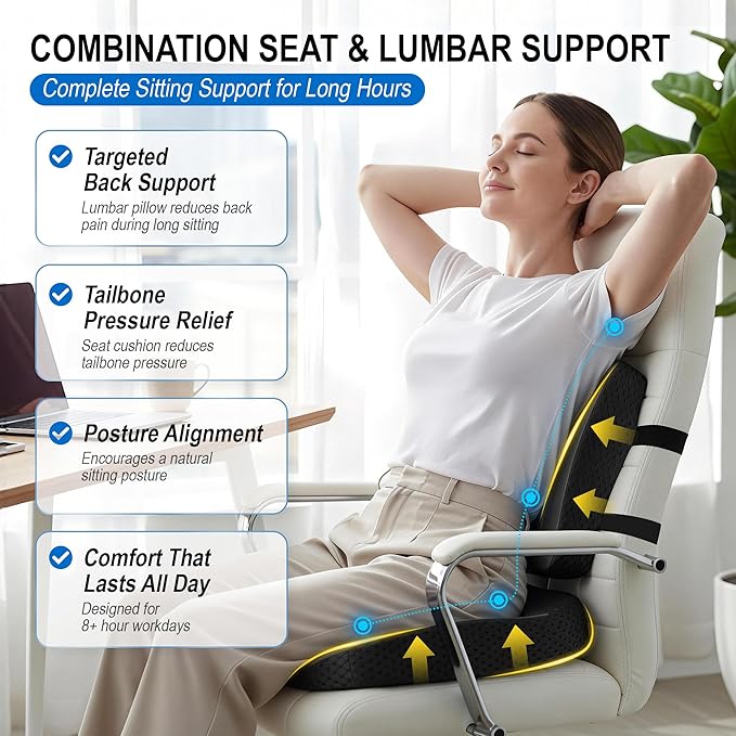 Back Cushions & Seat Cushions: Memory Foam Car Seat Cushion with Lumbar Support Pillow for Long Driving, Office Chair Pillow for Butt and Back Pain Relief, Great for Car, Office, Desk Chair - Black